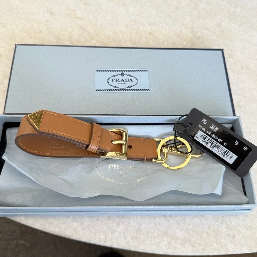Prada Soft Leather Keychain Wristlet Brown & Gold 1PP186 Made in Italy